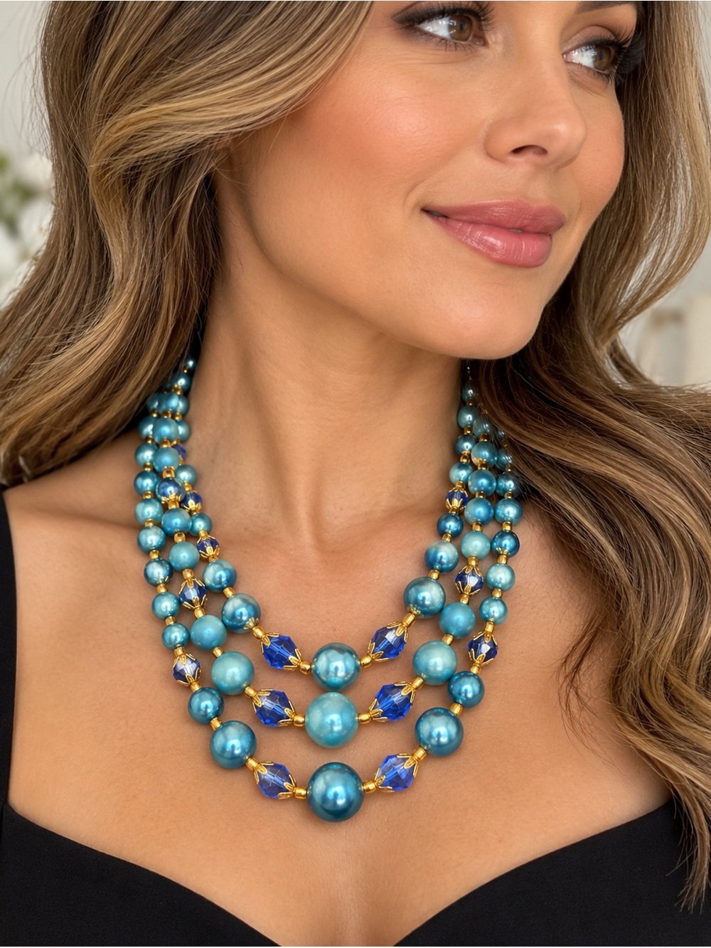 Vintage Signed JAPAN Blue Faux Pearl & Crystal 3-Strand Necklace 17”